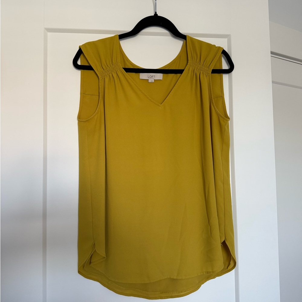 LOFT Saffron Yellow Sleeveless Blouse with V-Neckline and Ruching Details